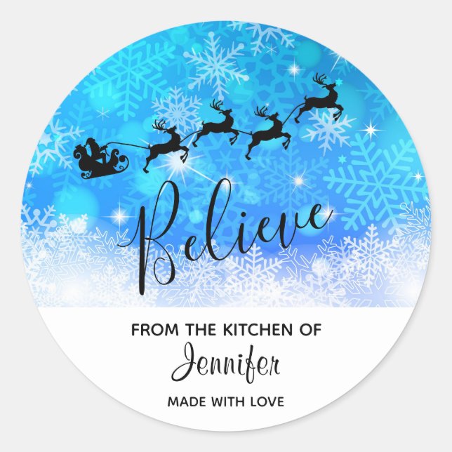 Santa and his Flying Reindeer - Believe -  Kitchen Classic Round Sticker (Front)