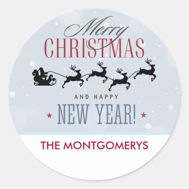 Santa and his Flying Reindeer Silhouette Christmas Classic Round Sticker (Front)