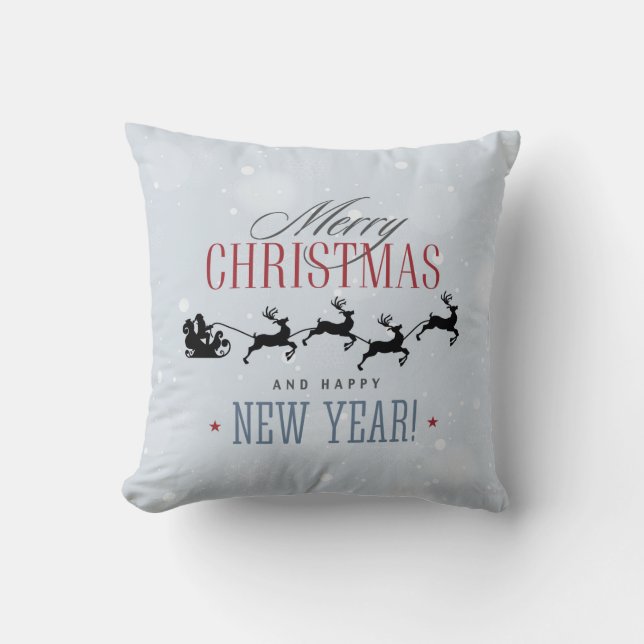 Santa and his Flying Reindeer Silhouette Christmas Cushion (Front)