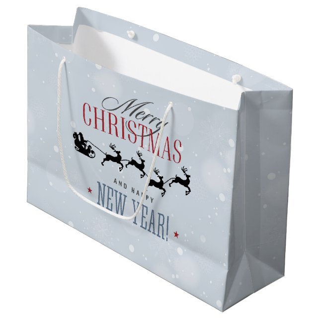Santa and his Flying Reindeer Silhouette Christmas Large Gift Bag (Front Angled)