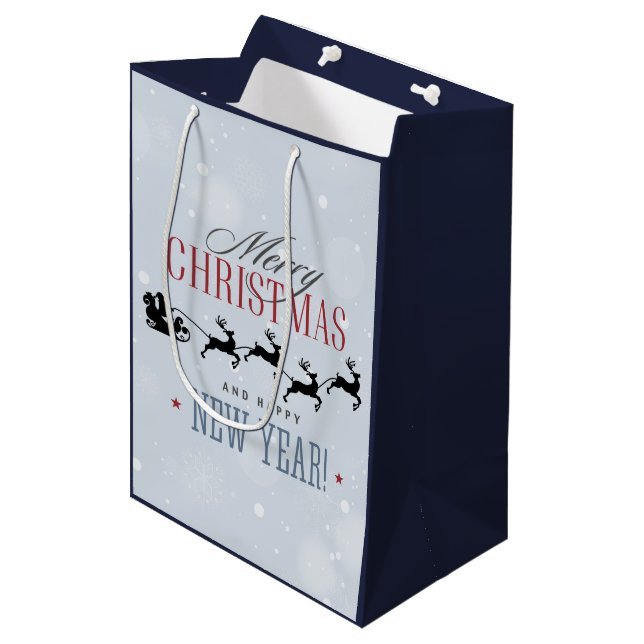 Santa and his Flying Reindeer Silhouette Christmas Medium Gift Bag (Front Angled)