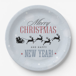 Santa and his Flying Reindeer Silhouette Christmas Paper Plate