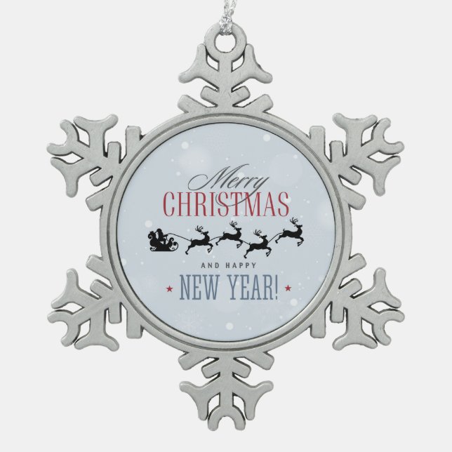 Santa and his Flying Reindeer Silhouette Christmas Snowflake Pewter Christmas Ornament (Front)