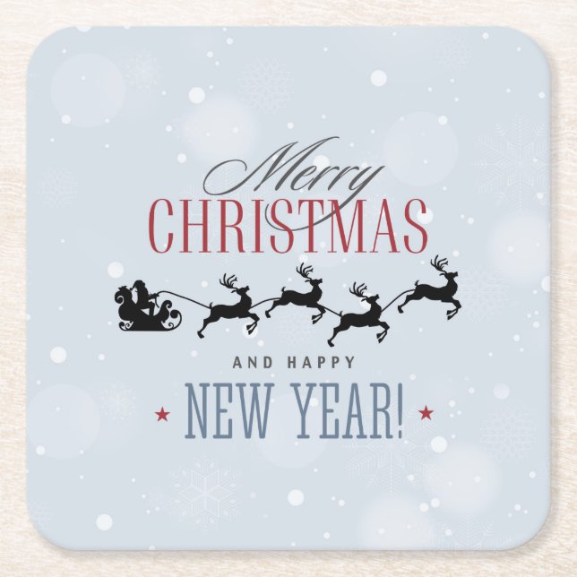 Santa and his Flying Reindeer Silhouette Christmas Square Paper Coaster (Front)