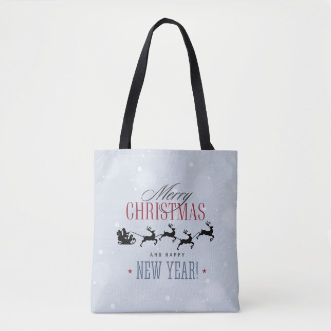 Santa and his Flying Reindeer Silhouette Christmas Tote Bag (Front)