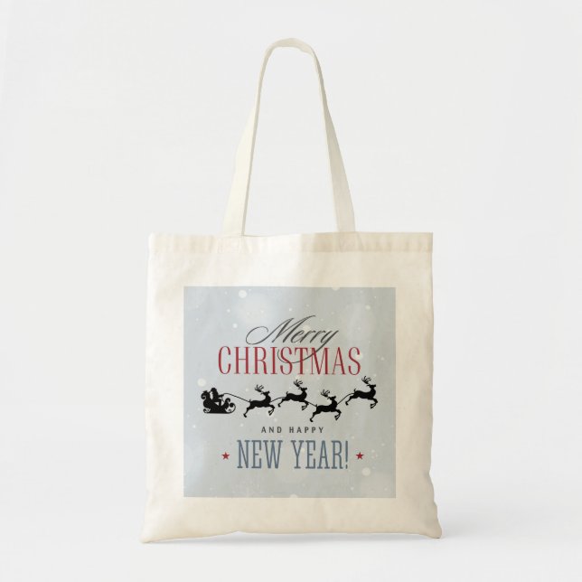 Santa and his Flying Reindeer Silhouette Christmas Tote Bag (Front)