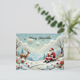 Santa and His Reindeer in Snowy Landscape Holiday Postcard