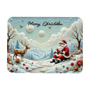 Santa and His Reindeer in Snowy Landscape Magnet