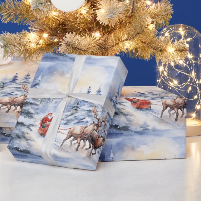 Santa and his reindeer on a snowy Christmas Eve Wrapping Paper (Holidays)