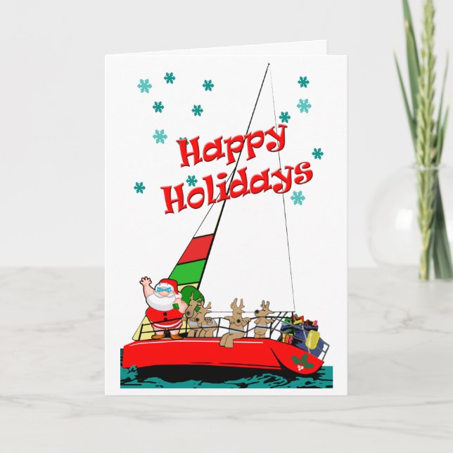 Santa and His Reindeer Sailing at Christmas Holiday Card (Front)