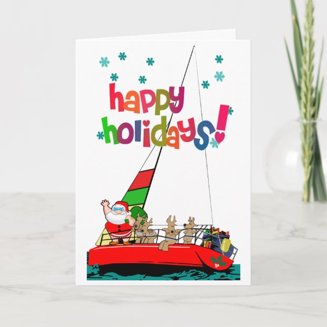 Santa and His Reindeer Sailing at Christmas Holiday Card (Front)