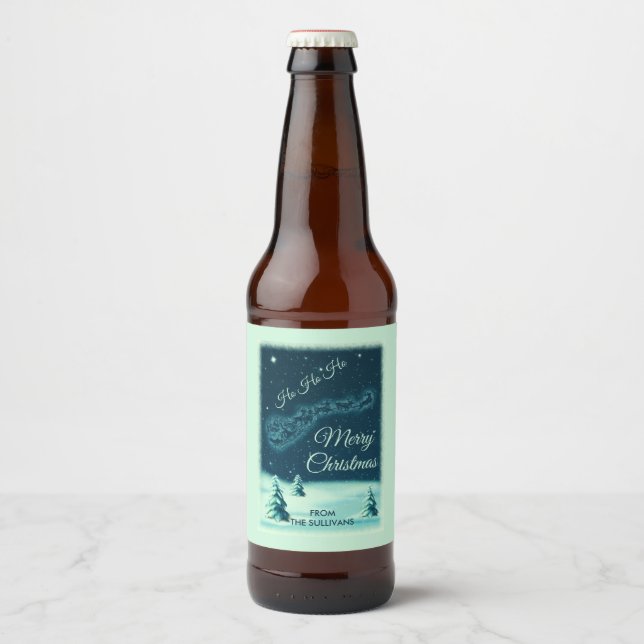 Santa and his Reindeers Christmas Night Sky Beer Bottle Label (Front)
