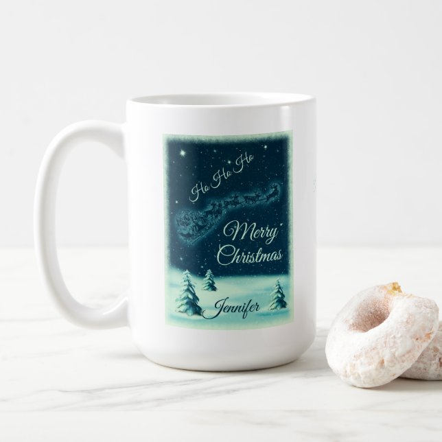 Santa and his Reindeers Christmas Night Sky Coffee Mug (With Donut)