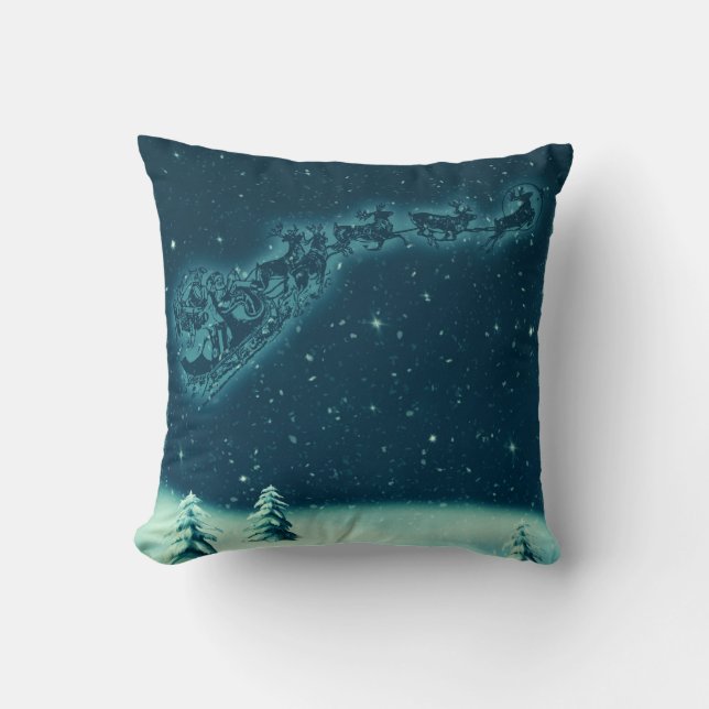 Santa and his Reindeers Christmas Night Sky Cushion (Front)