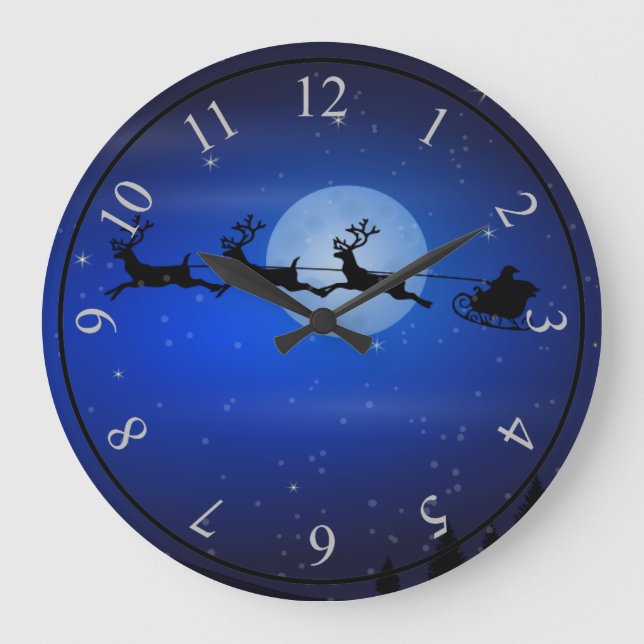 Santa and his reindeers flying at night large clock (Front)