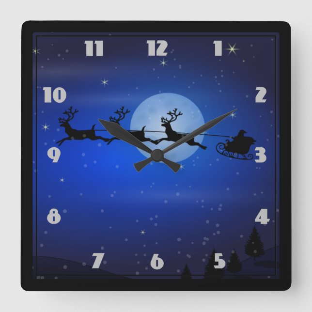 Santa and his reindeers flying at night square wall clock (Front)