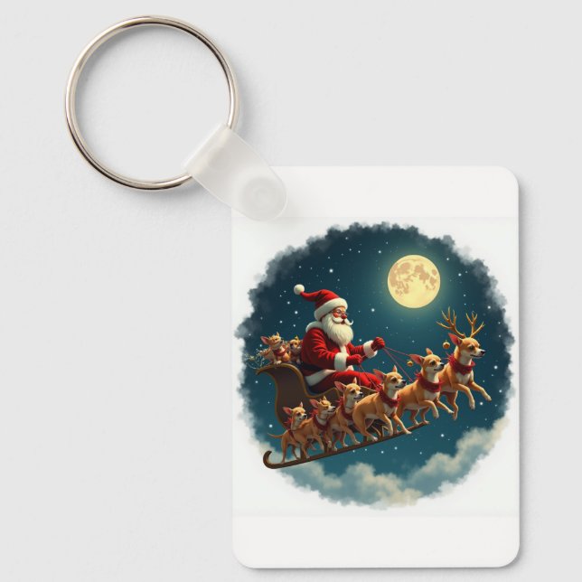 Santa And His Sleigh Pulled By Chihuahua Crew Key Ring (Front)
