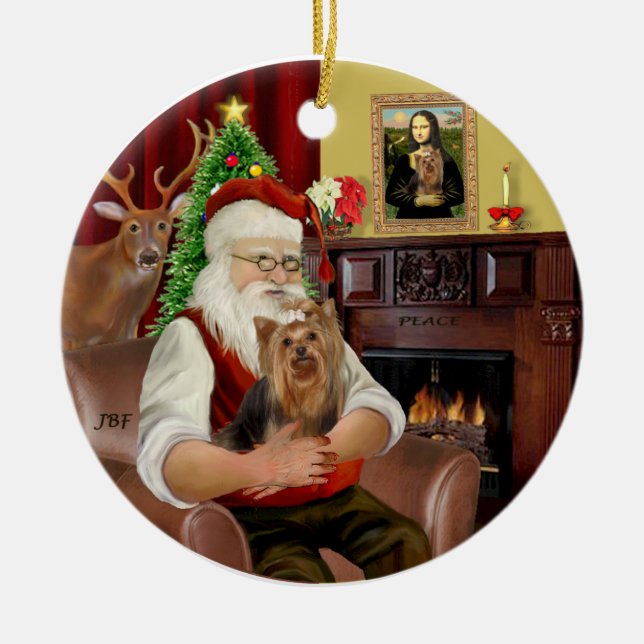 Santa and his Yorkie 7 Ceramic Tree Decoration (Front)