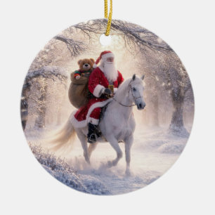 Santa and Horse Cute Snow Bag of Toys Ceramic Tree Decoration