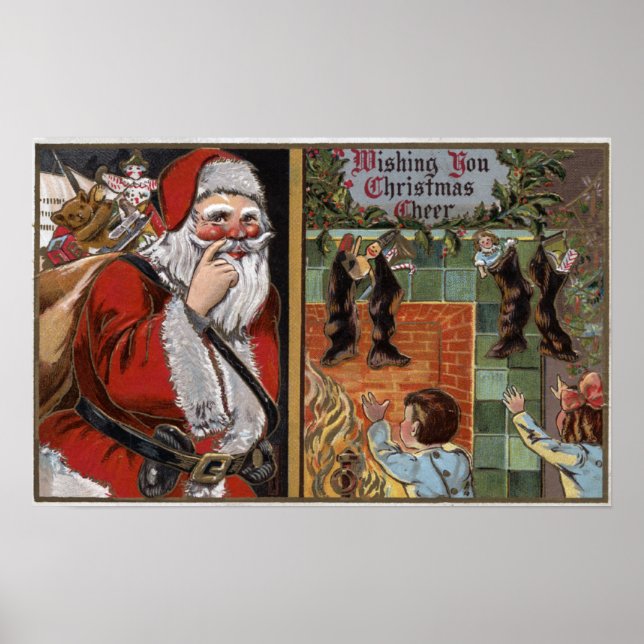 Santa and Kids looking up Chimney Poster (Front)