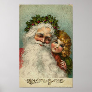 Santa and Little Girl Christmas Greetings Card Poster