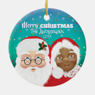 Santa and Mrs Claus Biracial Christmas Ceramic Tree Decoration