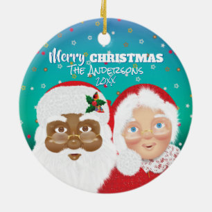 Santa and Mrs Claus Biracial Christmas Ceramic Tree Decoration