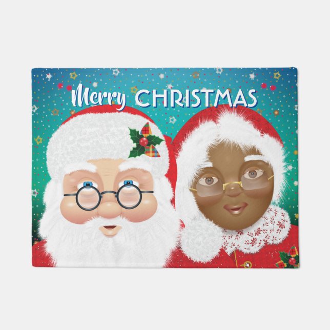 Santa and Mrs Claus Biracial Christmas Holiday Doormat (Front)