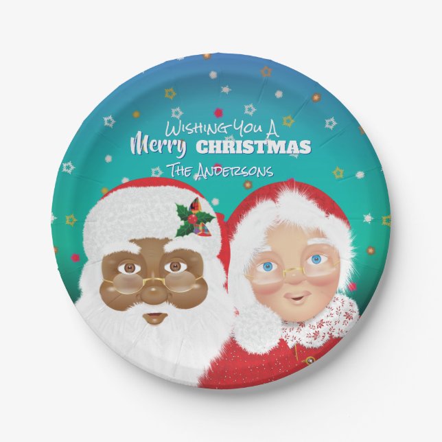 Santa and Mrs Claus Biracial Christmas Holiday Paper Plate (Front)