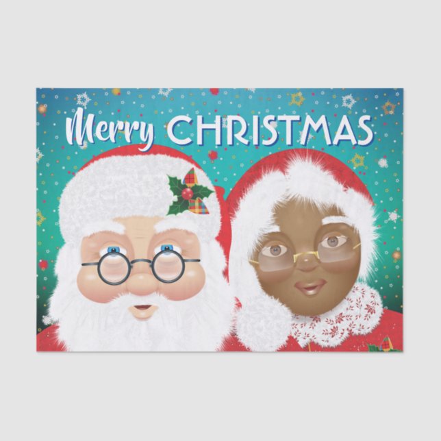 Santa and Mrs Claus Biracial Christmas Holiday Tissue Paper (Front)