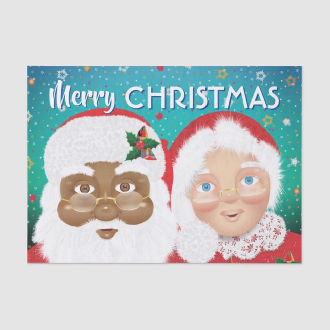 Santa and Mrs Claus Biracial Christmas Holiday Tissue Paper (Front)