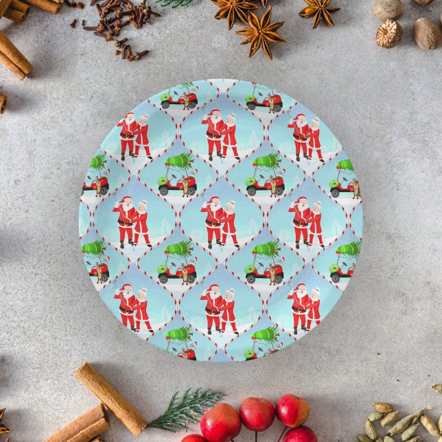 Santa And  Mrs. Claus Golfing Ogee Pattern Paper Plate (Festive Feasting: Santa, Mrs. Claus, Reindeer, and Golf Cart Delight!)