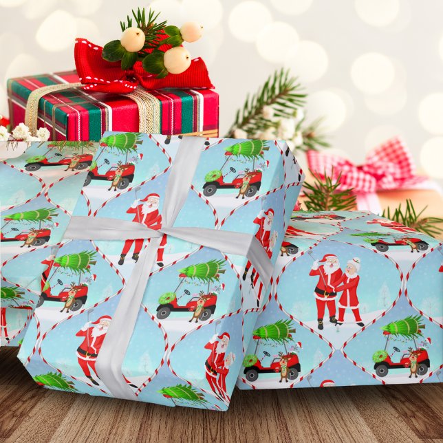 Santa And  Mrs. Claus Golfing Ogee Pattern Wrapping Paper (Wonderful festive golf themed Christmas paper for the golfing family!)