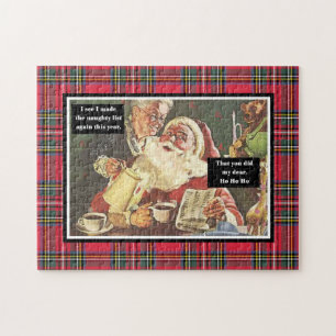 Santa and Mrs. Claus Naughty List Funny Plaid Jigsaw Puzzle