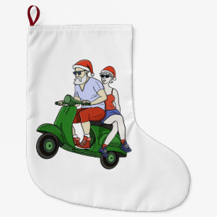 Santa and Mrs. Claus riding a scooter Large Christmas Stocking