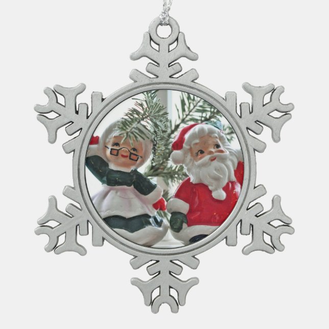 Santa and Mrs. Claus Snowflake Pewter Christmas Ornament (Front)