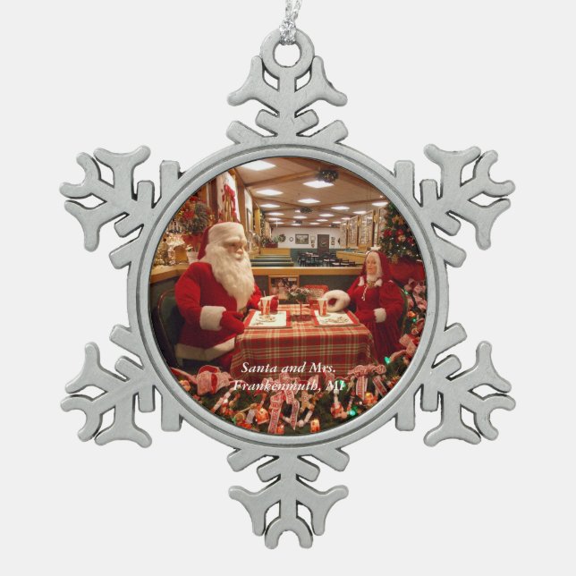 Santa and Mrs. Frankenmuth, MI Snowflake 1 Snowflake Pewter Christmas Ornament (Front)