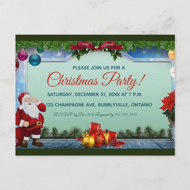 Santa and Ornaments Christmas Party Invitations! Invitation Postcard (Front)