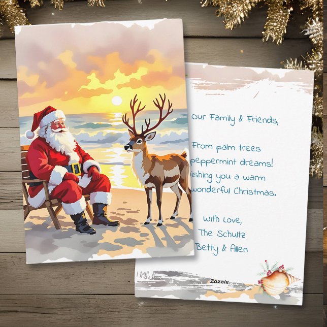 Santa and Reindeer at Beach Personalized Christmas Holiday Card (Creator Uploaded)