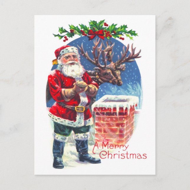 Santa and Reindeer beside the Chimney Holiday Postcard (Front)
