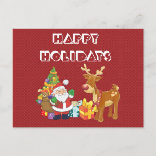 Santa and Reindeer by Christmas Tree with Presents Holiday Postcard