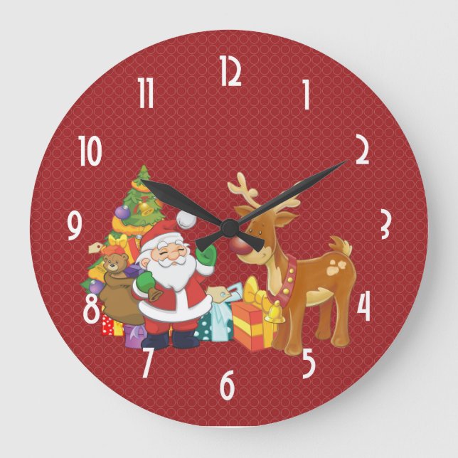 Santa and Reindeer by Christmas Tree with Presents Large Clock (Front)