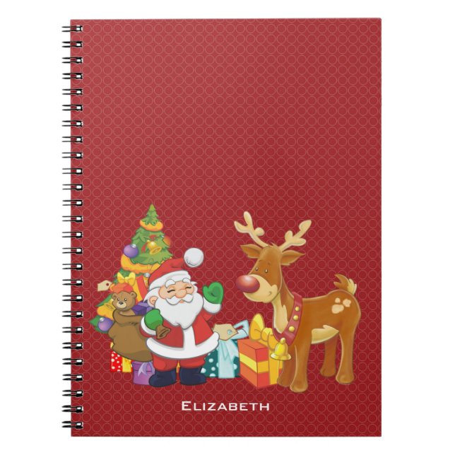 Santa and Reindeer by Christmas Tree with Presents Notebook (Front)