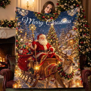 Santa and Reindeer Christmas Fleece Blanket