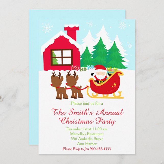 Santa and Reindeer Christmas Holiday Party Invitation (Front/Back)