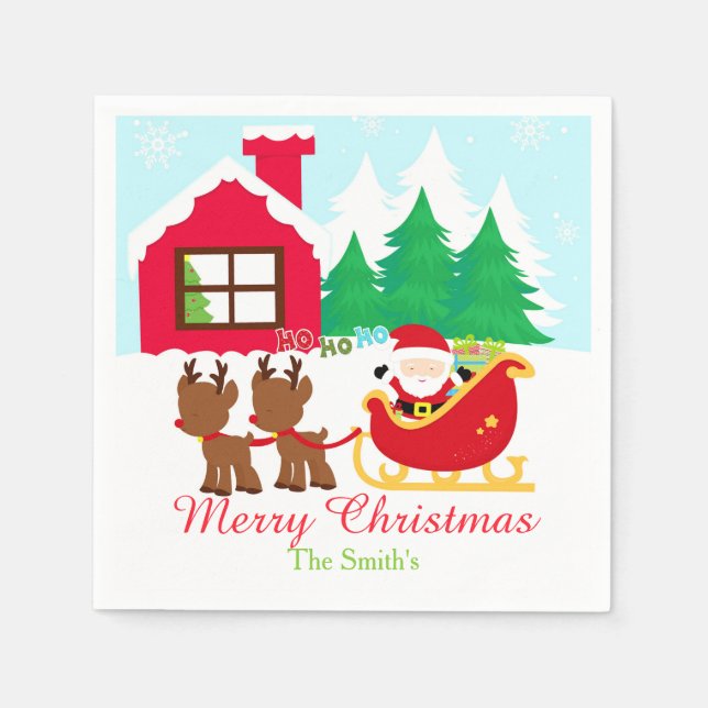 Santa and Reindeer Christmas Holiday Party Napkin (Front)