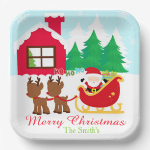 Santa and Reindeer Christmas Holiday Party Paper Plate