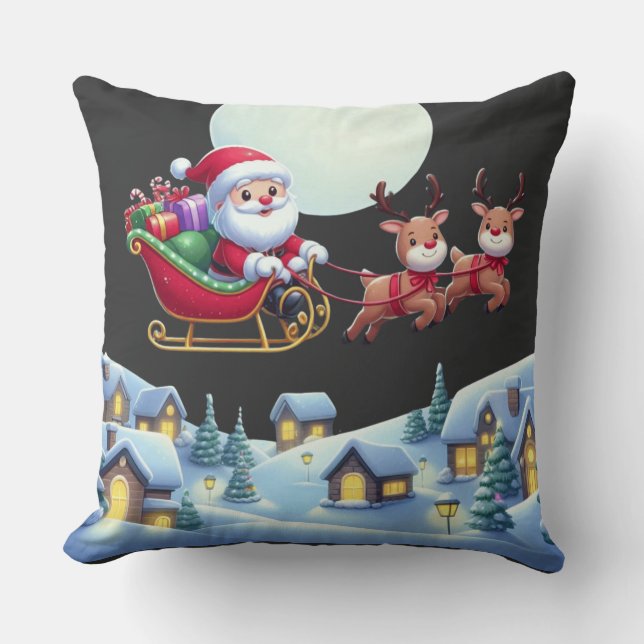 Santa and Reindeer Christmas Magic Night Tee Cushion (Front)