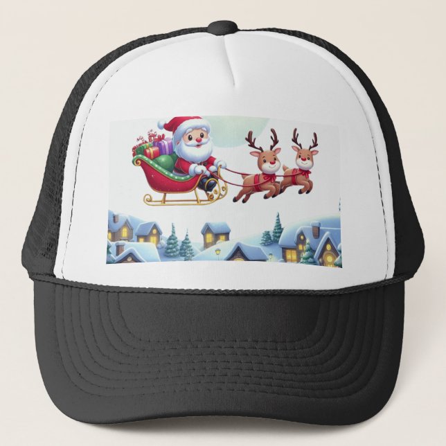 Santa and Reindeer Christmas Magic Night Tee Trucker Hat (Front)