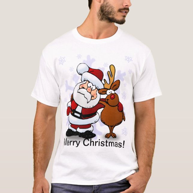 Santa And Reindeer Christmas T-Shirt (Front)